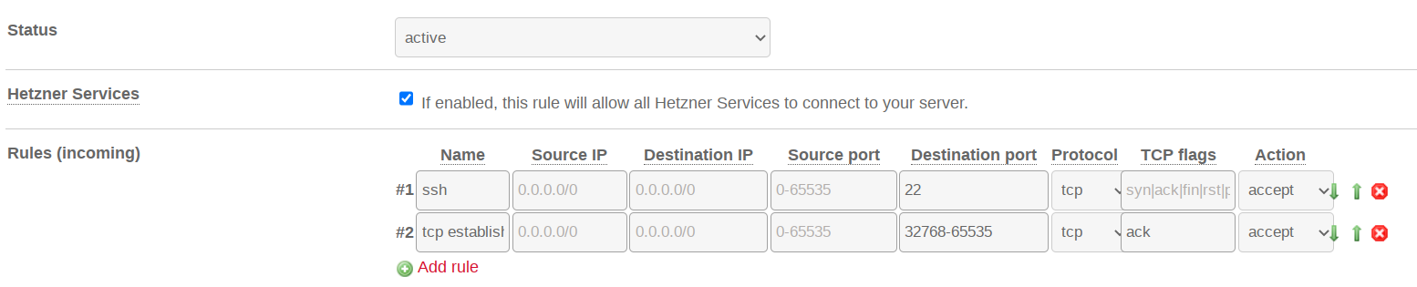 Direct firewall configuration of the Hetzner server.