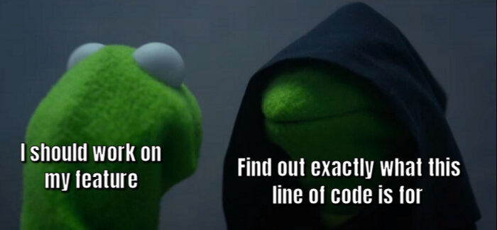The evil Kermit meme showing that developers get side tracked by confusing code.