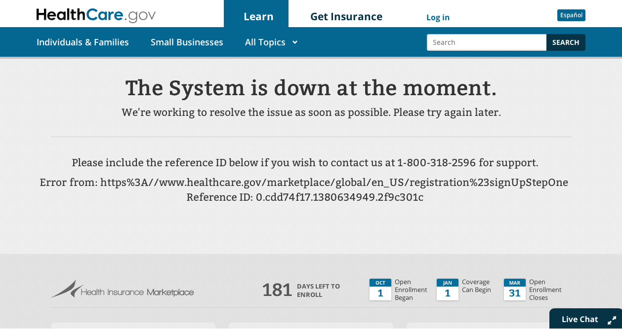 A screenshot of a "System is down" failure on healthcare.gov