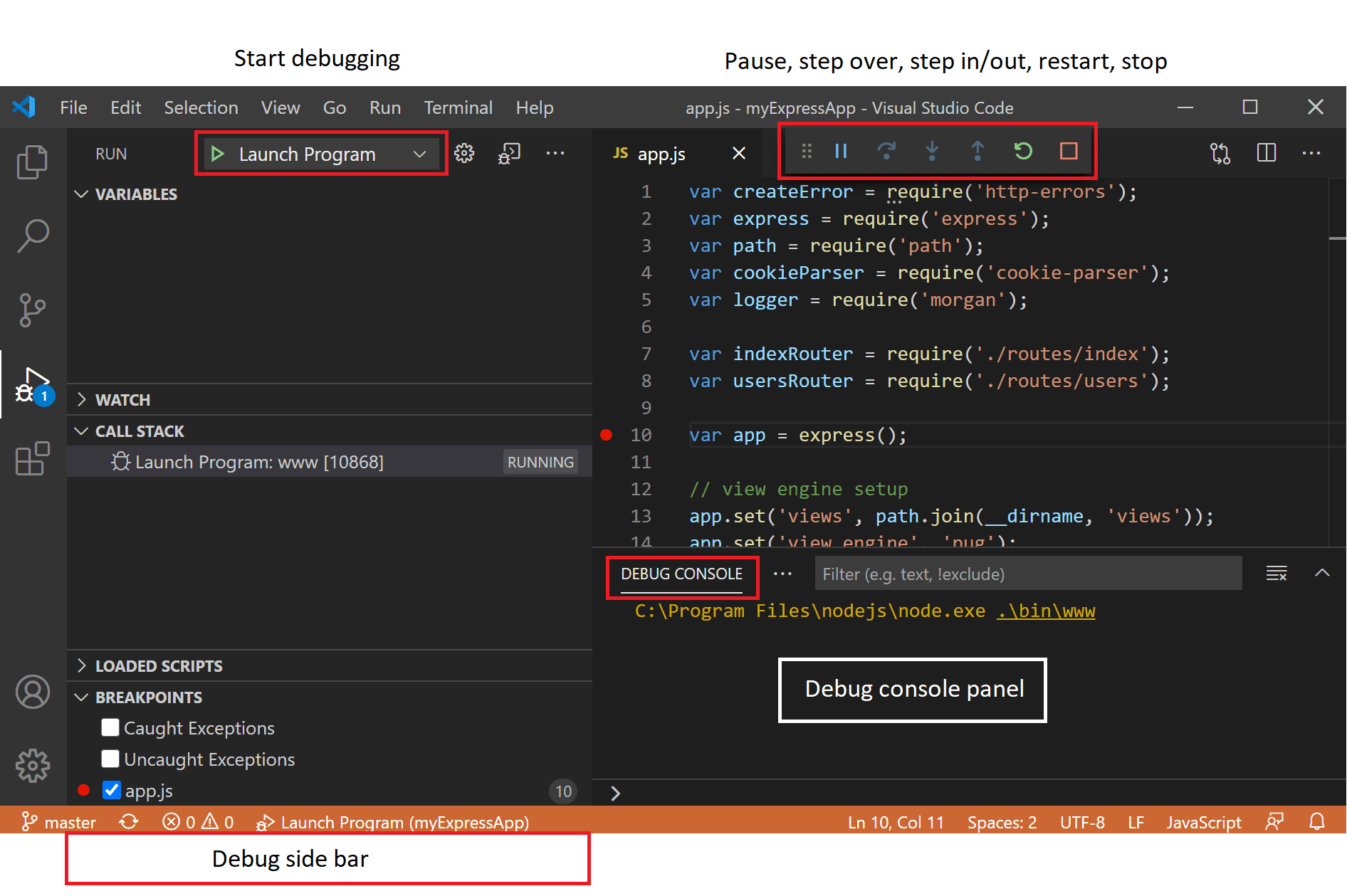 A screenshot of the debugger integrated in VS Code