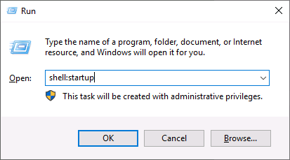 Windows "Run" prompt; the input field contains the string "shell:startup".