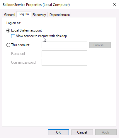 Screenshot of a properties window of a Windows service with the mouse cursor over a checkbox labelled "Allow service to interact with desktop"
