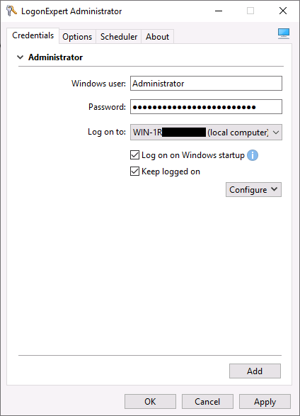 LogonExpert Administrator window; the "Credentials" tab is selected and the credentials of a user called "Administrator" are entered. Checkboxes labelled "Log on on Windows startup" and "Keep logged on" are checked.