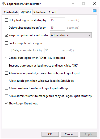 LogonExpert Administrator window; the "Options" tab is selected and the aforementioned modifications are applied. Otherwise, every setting is at the default value.